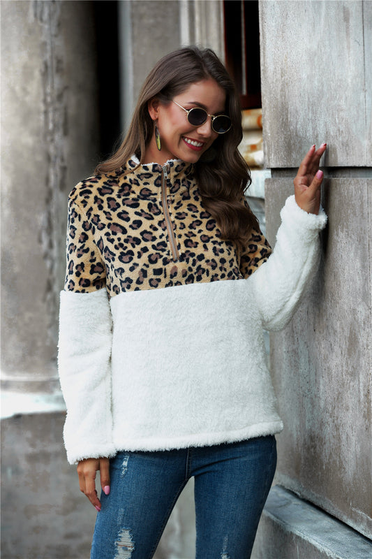 leopard-color-block-half-zip-collar-teddy-sweatshirt