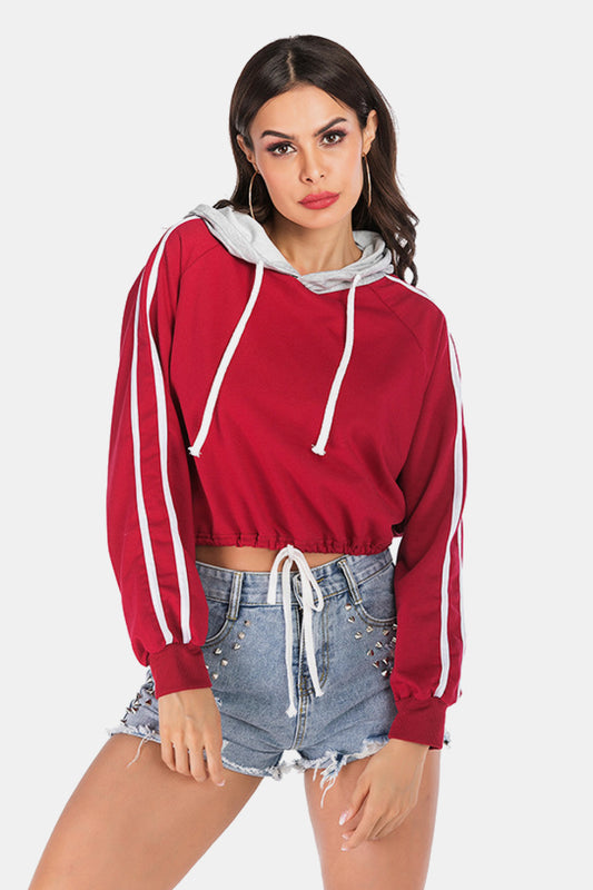 full-size-side-stripe-drawstring-hem-cropped-hoodie