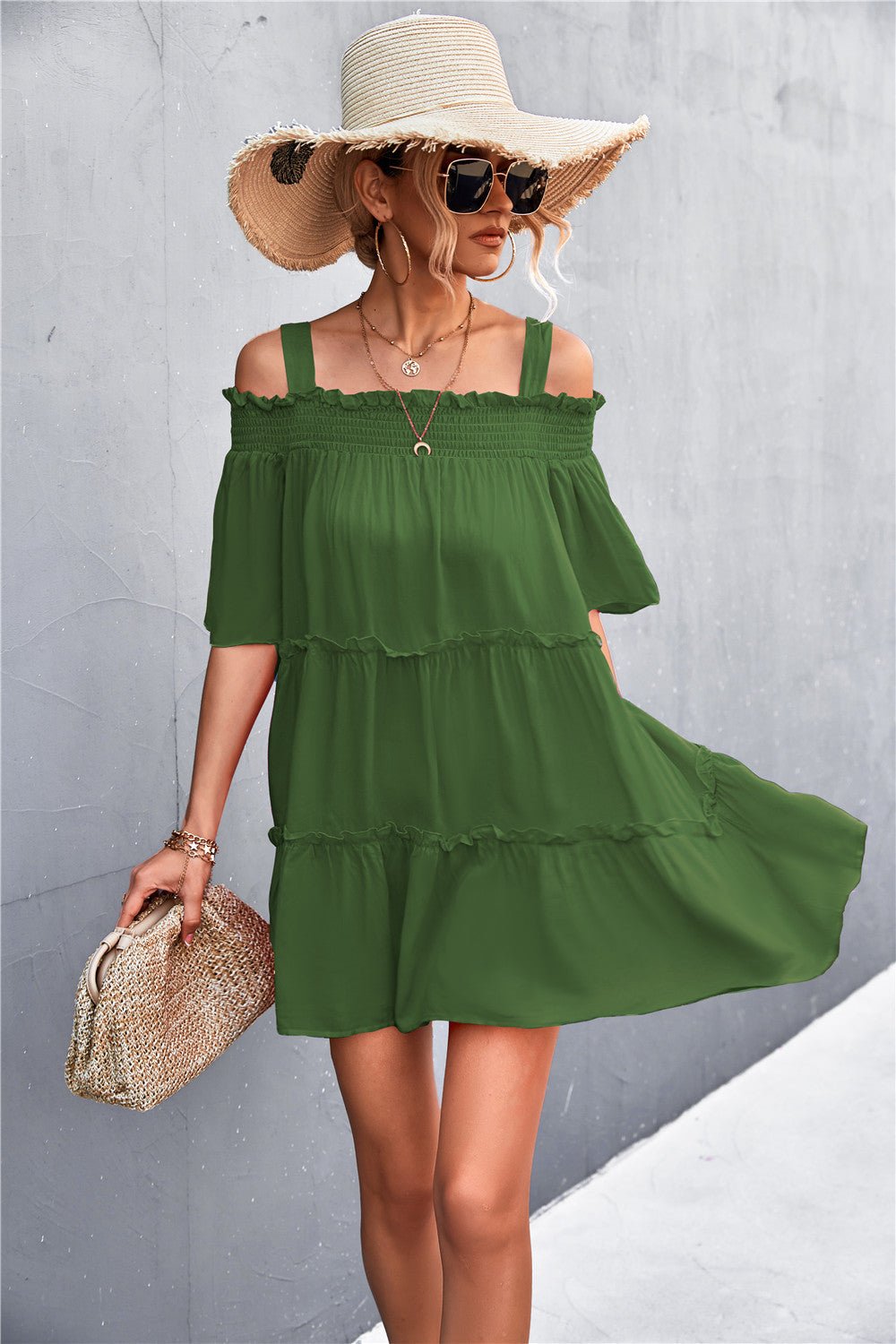 Cold-Shoulder Frill Trim Tiered Dress - Up to 1 Year Easy Returns