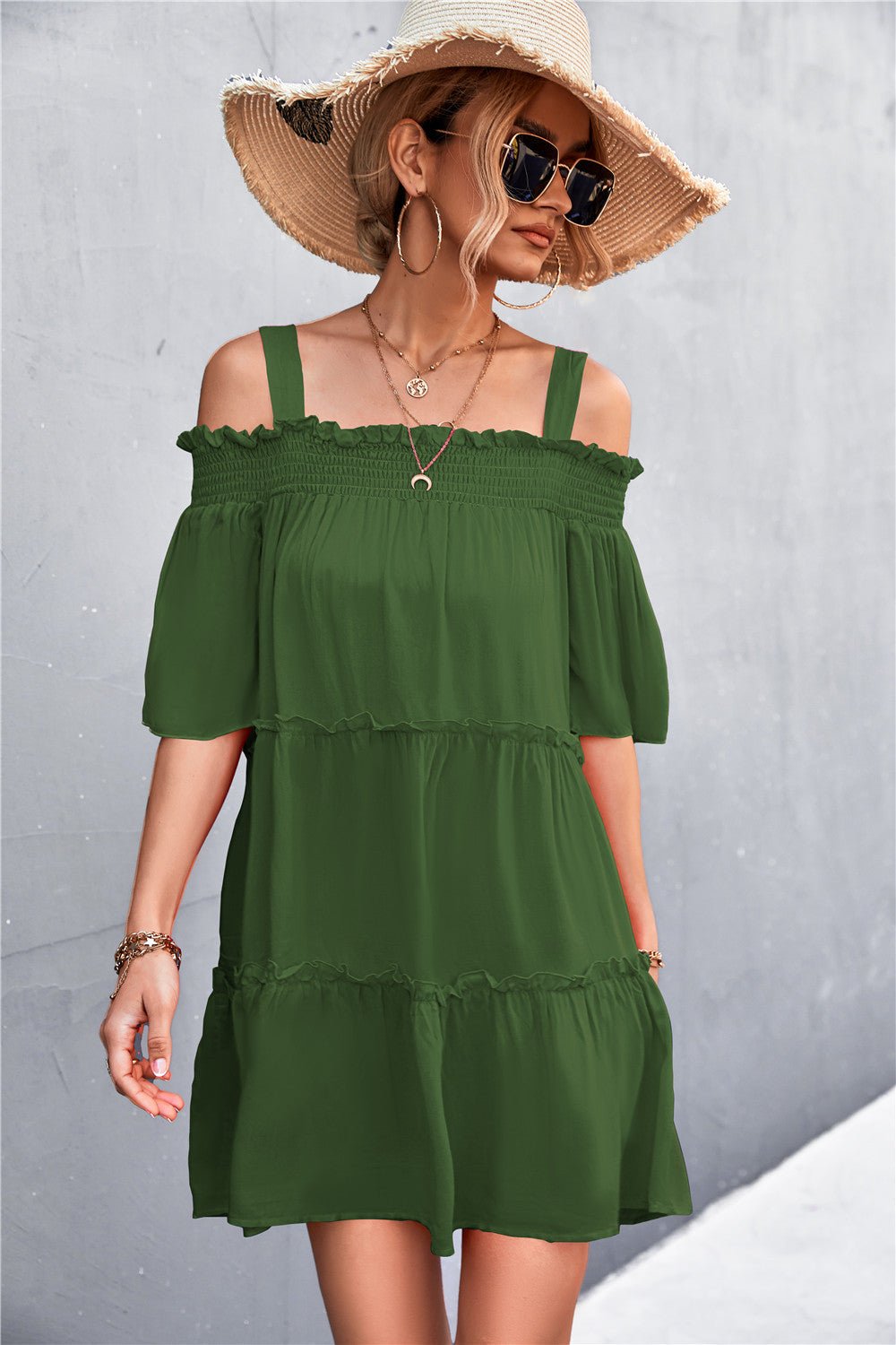 Cold-Shoulder Frill Trim Tiered Dress - Up to 1 Year Easy Returns